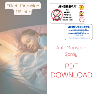 Anti-Monster-Spray PDF Download, Etikett für ruhige Nächte, schlafendes Kind, magischer Schutz.