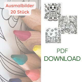 Ausmalbilder PDF Download: Buntstifte und Beispielmotive (Roboter, Tiere, Blumen). 20 Seiten Malspass für Kinder.