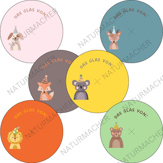 Naturmacher Strohhalm-Etiketten mit Partytieren: Hund, Reh, Fuchs, Koala, Löwe, Bär. Zum Beschriften "Das Glas von...".