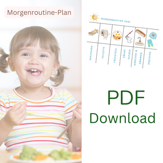 Morgenroutine-Plan für Kinder als PDF-Download. Bild zeigt lächelndes Kind beim Frühstück und illustrierten Plan mit Schri...