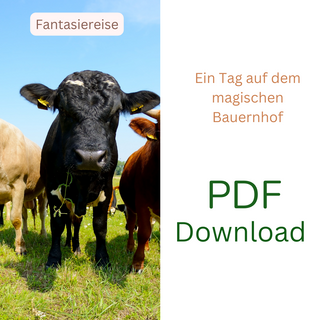 Schwarz-weißer Bulle mit Gras im Maul auf einer Weide, umgeben von weiteren Rindern. PDF Download: Traumreise Kinder - Ein...