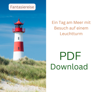 Rot-weißer Leuchtturm an Sandstrand mit Dünen. PDF Download: Naturmacher Traumreise "Ein Tag am Meer".