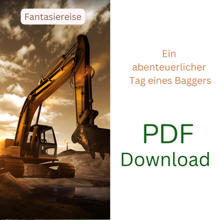 Bagger Max bei Sonnenuntergang auf Baustelle. PDF Download: Traumreise Kinder - Ein abenteuerlicher Tag eines Baggers.