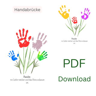Bunte Handabdrücke als Blumen. PDF-Download der Naturmacher Bastelvorlage "Handabdruck Bilder Familie - Blumen".