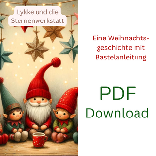 Weihnachtswichtel Lykke mit Freunden unter Sternen. PDF Download: Weihnachtsgeschichte & Bastelanleitung.