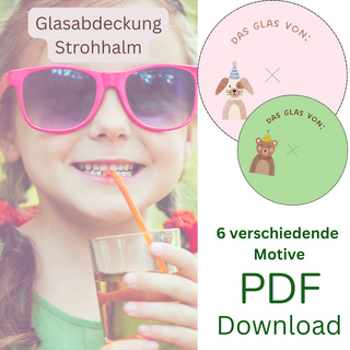 Kind trinkt mit Strohhalm. PDF-Vorlage für Glasabdeckungen mit Tiermotiven zum Download. Naturmacher.