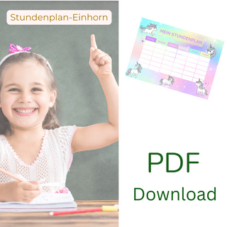 Stundenplan Einhorn (PDF Download): Fröhliches Mädchen mit Stundenplan im Einhorn-Design. Perfekt für die Schule!