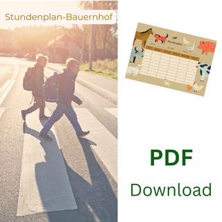 Stundenplan Bauernhof (PDF Download): Kinder mit Schulranzen und Bauernhof-Stundenplan.