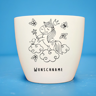 Weißer Blumentopf mit Einhorn-Motiv, personalisierbar mit Wunschname. "Mein erstes Pflanz-Set" von Naturmacher.