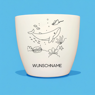 Weißer Blumentopf mit Wal-, Fisch- und Meeresmotiv. Personalisierbar mit Wunschname. "Mein erstes Pflanz-Set" von Naturmac...