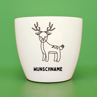 Weißer Blumentopf mit Hirsch-Motiv und dem Schriftzug "Wunschname" für das Mein erstes Pflanz-Set von Naturmacher.
