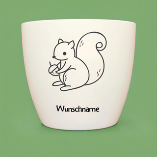 Weißer Blumentopf mit Eichhörnchen-Motiv und Personalisierungsoption "Wunschname" aus dem "Mein erstes Pflanz-Set".
