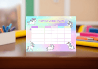 Stundenplan für Kinder mit Einhorn-Design von Naturmacher. Wochenübersicht Montag bis Freitag plus Notizenfeld. Pastellfar...