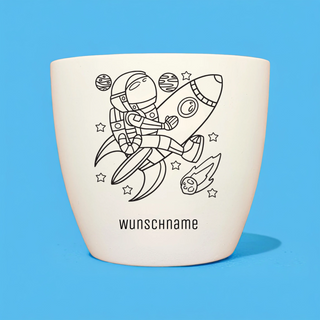 Pflanztopf mit Weltraum-Motiv (Astronaut auf Rakete) und Personalisierungsfeld "Wunschname". "Mein erstes Pflanz-Set" von ...