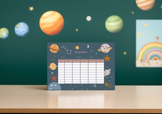 Kinderstundenplan mit Weltraum-Motiv von Naturmacher. Leerer Stundenplan mit Planeten und Sternen auf dunkelblauem Hinterg...