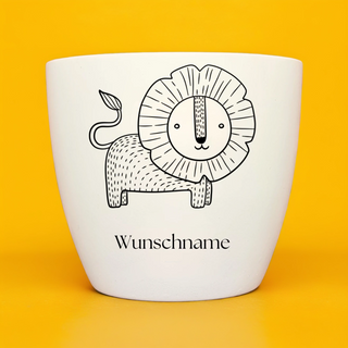 Weißer Blumentopf mit Löwen-Motiv und Personalisierungsoption "Wunschname" für das Kinder-Pflanzset von Naturmacher.