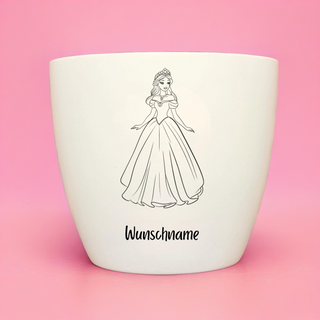Weißer Blumentopf mit Prinzessin-Motiv und "Wunschname" für das Naturmacher Pflanz-Set.