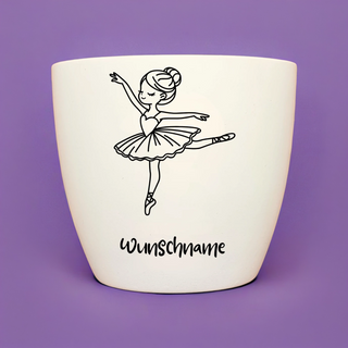 Weißer Blumentopf mit Ballerina-Motiv und "Wunschname" für das Pflanz-Set "Mein erstes Pflanz-Set mit Tagebuch".