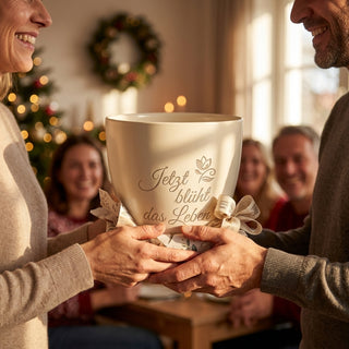 Personalisierter Blumentopf „Jetzt blüht das Leben“ — Geschenk Ruheständler — als persoenliche Geschenk-Uebergabe