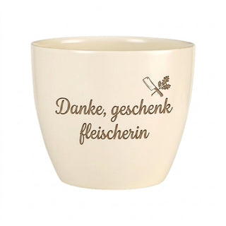Personalisierter Blumentopf — Danke Geschenk Fleischerin Abschied — Detailansicht der Lasergravur