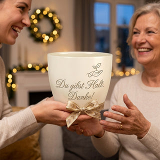 Personalisierter Blumentopf — Geschenk Orthopädietechniker — als persoenliche Geschenk-Uebergabe