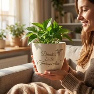 Personalisierter Blumentopf mit Gravur — Danke Geschenk Wellness Therapeutin — im Wohnambiente
