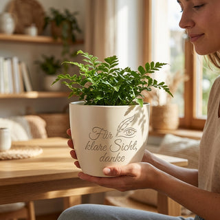 Personalisierter Blumentopf mit Gravur — Danke Geschenk Optikerin — im Wohnambiente