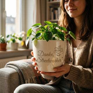 Personalisierter Blumentopf — Danke Streetworker Geschenk mit Lasergravur — im Wohnambiente