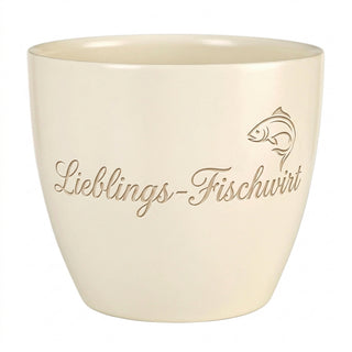 Personalisierter Blumentopf mit Gravur — Geschenk für Fischwirt — Detailansicht der Lasergravur