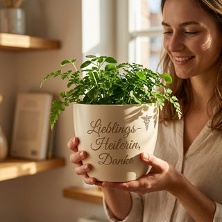 Personalisierter Blumentopf mit Gravur — Geschenk Heilpraktikerin Dankeschön — im Wohnambiente