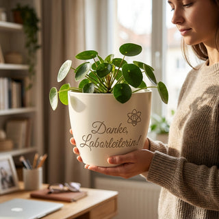 Personalisierter Blumentopf mit Gravur — Geschenk Laborleiterin — im Wohnambiente