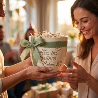 Personalisierter Blumentopf mit Gravur — Geschenk Lageristin — als persoenliche Geschenk-Uebergabe