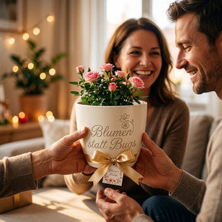 Blumentopf mit Gravur „Blumen statt Bugs“ — Geschenk Softwareentwickler — als persoenliche Geschenk-Uebergabe