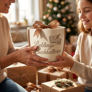 Personalisierter Blumentopf mit Gravur — Geschenk Buchhalterin Abschied — als persoenliche Geschenk-Uebergabe