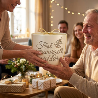 Personalisierter Blumentopf mit Gravur 'Fest verwurzelt, seeklar' — Geschenk Matrose — als persoenliche Geschenk-Uebergabe