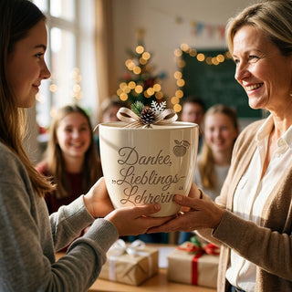 Personalisierter Blumentopf mit Gravur — Danke Geschenk für Meditationslehrerin — als persoenliche Geschenk-Uebergabe