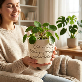 Personalisierter Blumentopf mit Gravur — Geschenk Mechanikerin — im Wohnambiente