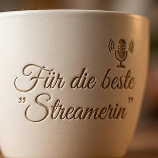 Personalisierter Blumentopf — Geschenk Streamerin »Für die beste Streamerin« — Detailaufnahme