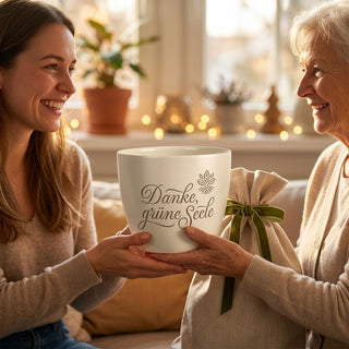 Blumentopf mit Gravur — Danke Geschenk für Blumenfreunde & Pflanzenliebhaber — als persoenliche Geschenk-Uebergabe
