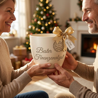 Personalisierter Blumentopf mit Gravur — Geschenk für Finanzanalysten — als persoenliche Geschenk-Uebergabe