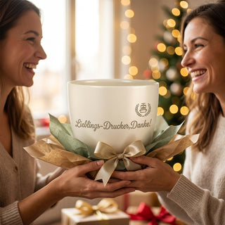 Personalisierter Blumentopf — Geschenk Drucker mit Gravur 'Lieblings-Drucker' — als persoenliche Geschenk-Uebergabe