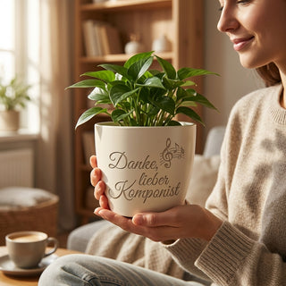 Personalisierter Blumentopf mit Gravur — Geschenk für Komponisten Dankeschön — im Wohnambiente