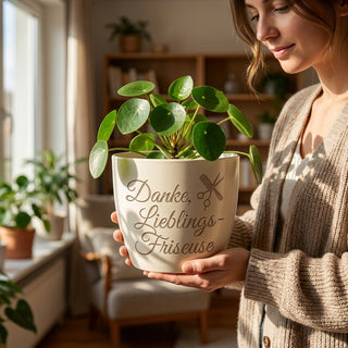 Personalisierter Blumentopf mit Gravur — Danke Geschenk für Friseuse — im Wohnambiente
