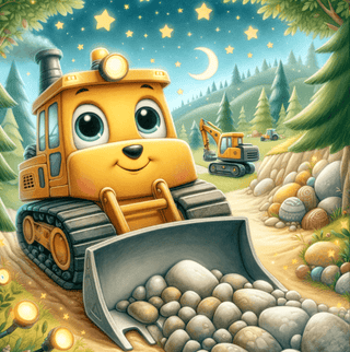 Freundlicher Bagger Max schaufelt Steine bei Nacht. Kinderbuch "Traumreise Kinder - Ein abenteuerlicher Tag eines Baggers"...