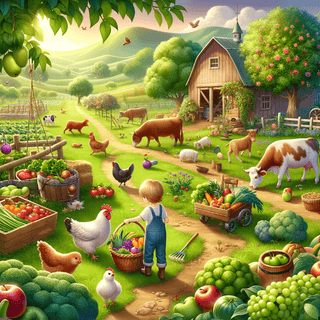 Kind mit Obstkorb auf idyllischem Bauernhof mit Kühen, Hühnern und Gemüse. Traumreise Kinder - Naturmacher.