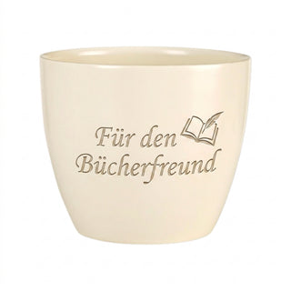 Geschenk Antiquar – Individueller Blumentopf mit Gravur für den Bücherfreund — topf_gravur
