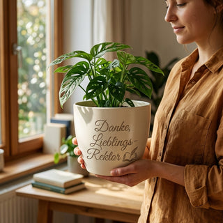 Personalisierter Blumentopf mit Gravur — Danke Geschenk Rektor Verabschiedung — im Wohnambiente
