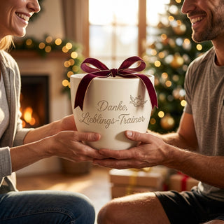 Personalisierter Blumentopf mit Gravur — Danke-Geschenk für Sporttrainer — als persoenliche Geschenk-Uebergabe