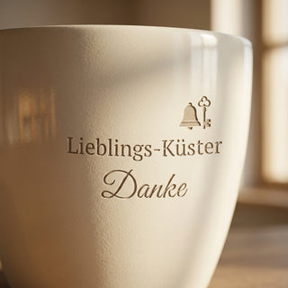 Personalisierter Blumentopf mit Gravur — Geschenk für Küster — Detailaufnahme