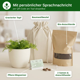 Sprachtopf Komplettset: gravierter Topf mit Sprachnachricht per QR, Bio-Anzuchterde, Baumwollbeutel, 2 Samen, Anzuchthaube, Pflanz-Wegweiser